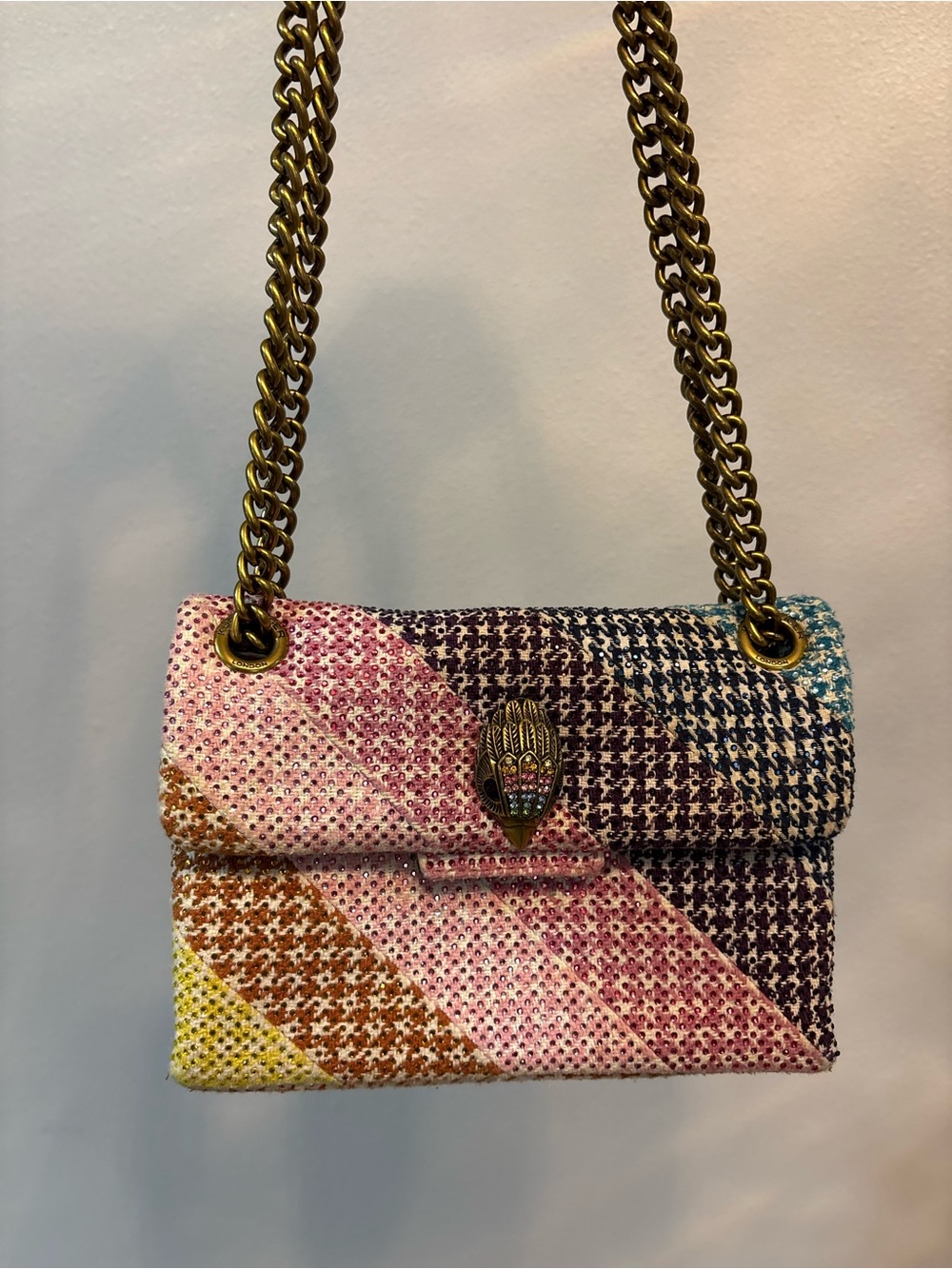 Kurt Geiger Multicolor Houndstooth Shoulder Bag with Gold Chain